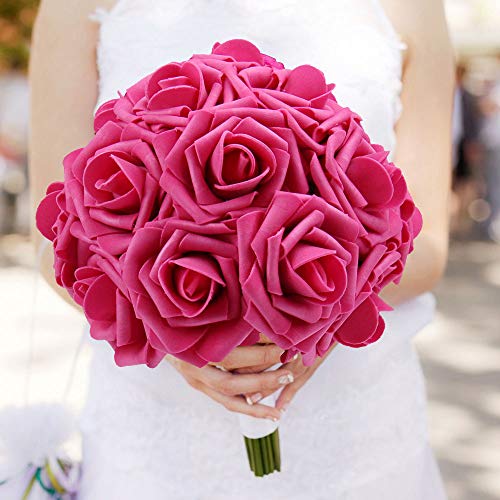 N&T NIETING Artificial Flowers Roses, 25pcs Real Touch Artificial Foam Roses Decoration DIY for Wedding Bridesmaid Bridal Bouquets Centerpieces, Party Decoration, Home Display (Hot Pink)