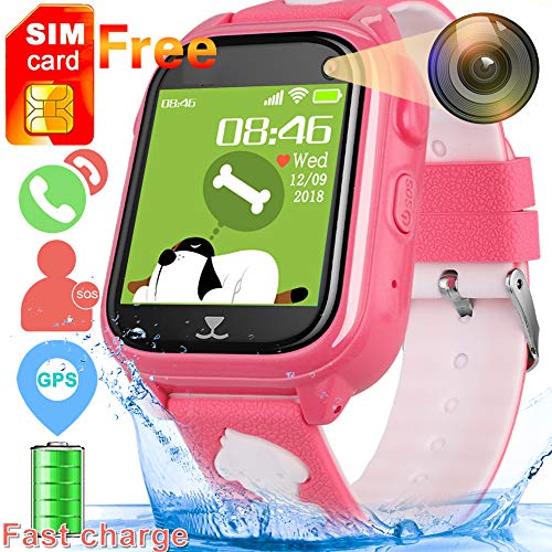 Kids Phone Smart Watch[Free SIM Speedtalk ] GPS Tracker WiFi Location IP68 Waterproof Children Boy Girl Fitness Tracker SOS Camera Anti-Lost Sport Pedometer Live Mobile App (2 Pink Waterproof)