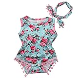 Cute Adorable Floral Romper Baby Girls Sleeveless Tassel Romper One-pieces +Headband Sunsuit Outfit Clothes (12-18 Months, Sky blue)