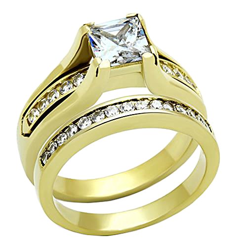 Gold-Plated Stainless Steel Wedding Ring Set Princess Cubic Zirconia Women's Size 5-10 Spj