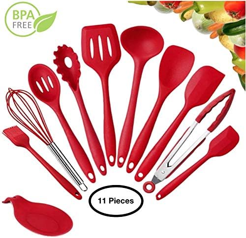 Kitchen Silicone Utensil Set - Cooking Utensils - 11 Pcs Kitchen Utensils set Heat Resistant - Non-Stick Cookware With Spatulas, Serving Spoons Kitchen Tools & Kitchen Gadgets (Red 12 Pcs)
