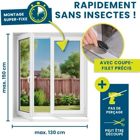 Moustiquaire de fenêtre avec Fixation magnétique innovante | Moustiquaire jusqu'à 150 x 130 cm découpable Individuellement, Pas de perçage ni de vissage | Fixation avec 16 aimants [Noir]