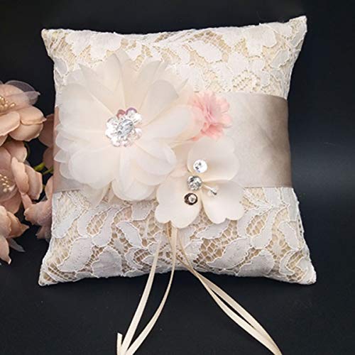 Aisheny 1Pc Floral Lace Ring Pillows, Bridal Wedding Ceremony Pocket Bearer Cushion Pillow Cushion with Ribbon (Color : Beige)