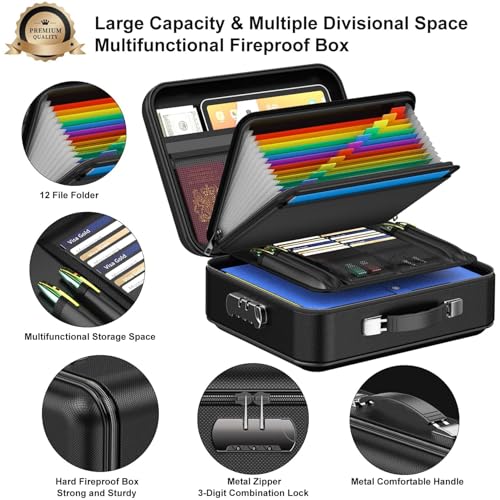 Fireproof Document Box, Waterproof Safe Hard-Shell File Folder Box with Lock, Black 37 * 27 * 12Cm