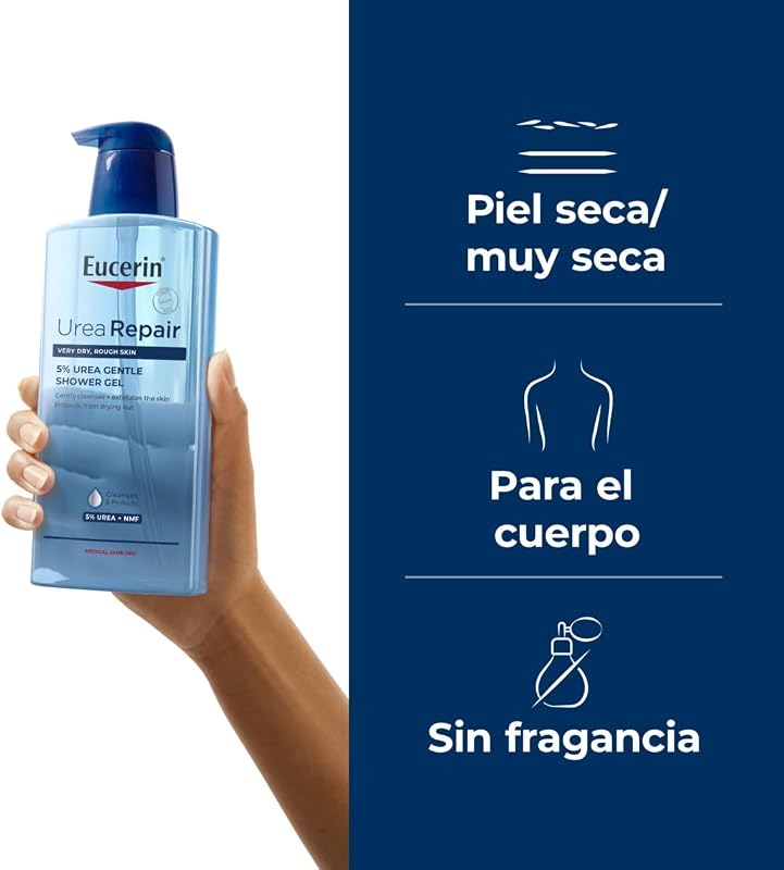 Gel de Banho Suave UreaRepair 5% Ureia (400 ml), gel de limpeza hidratante e esfoliante para o rosto e corpo para alívio imediato, espuma de limpeza para pele seca e muito seca