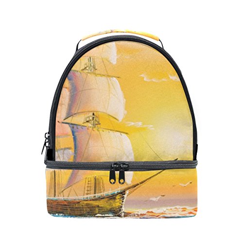 MyDaily Kids Lunch Box Sailing Boat and Sea Waves Sunset Oil Painting Reusable Insulated School Lunch Tote Bag