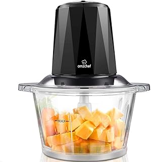 Amzchef Zerkleinerer Elektrisch mit 2 Geschwindigkeitsstufen, Bremsfunktion, 1,8L BPA Frei Glasbehälter für Fleisch, Gemüse, Obst und Nüsse, 4 Edelstahl-Messer, 300W Multi-zerkleinerer