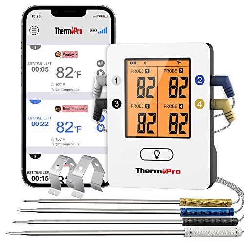 ThermoPro TP25 Termómetro inalámbrico Bluetooth para carne de 500 pies con 4 sondas de temperatura Termómetro digital de cocina para barbacoa para asar al horno ahumador de alimentos, recargable