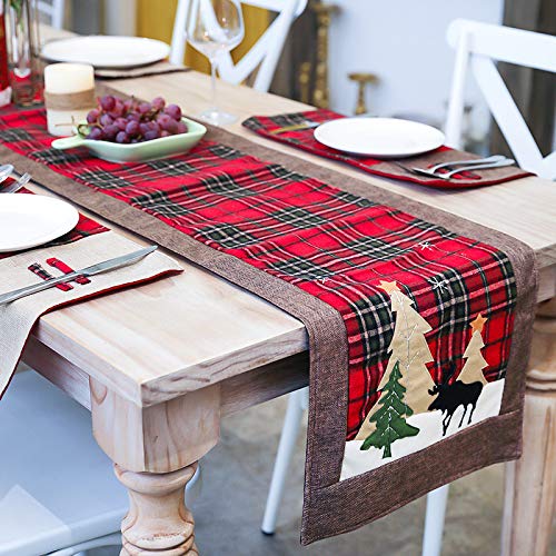 Hilif Christmas Table Runners with 4 Placemats Embroidered Linen Table Lines for Xmas Holiday Season Home Table Christmas Decoration 2 Sides Cotton Linen Classic Table Bedding Mat