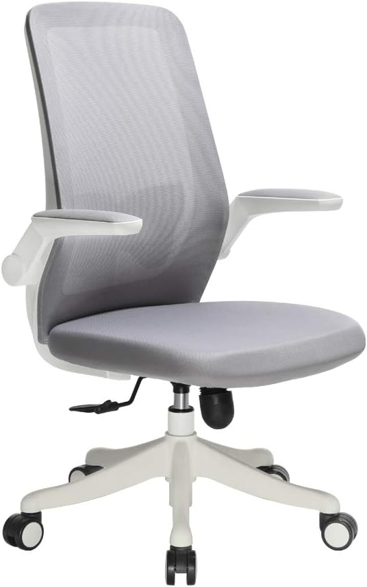 WOHOMO Home Office Task Chair Ergonomic Swivel Desk Chair with Flip-up Arms, Butterfly Lumbar Support Adjustable Height Computer Chair, Grey and White