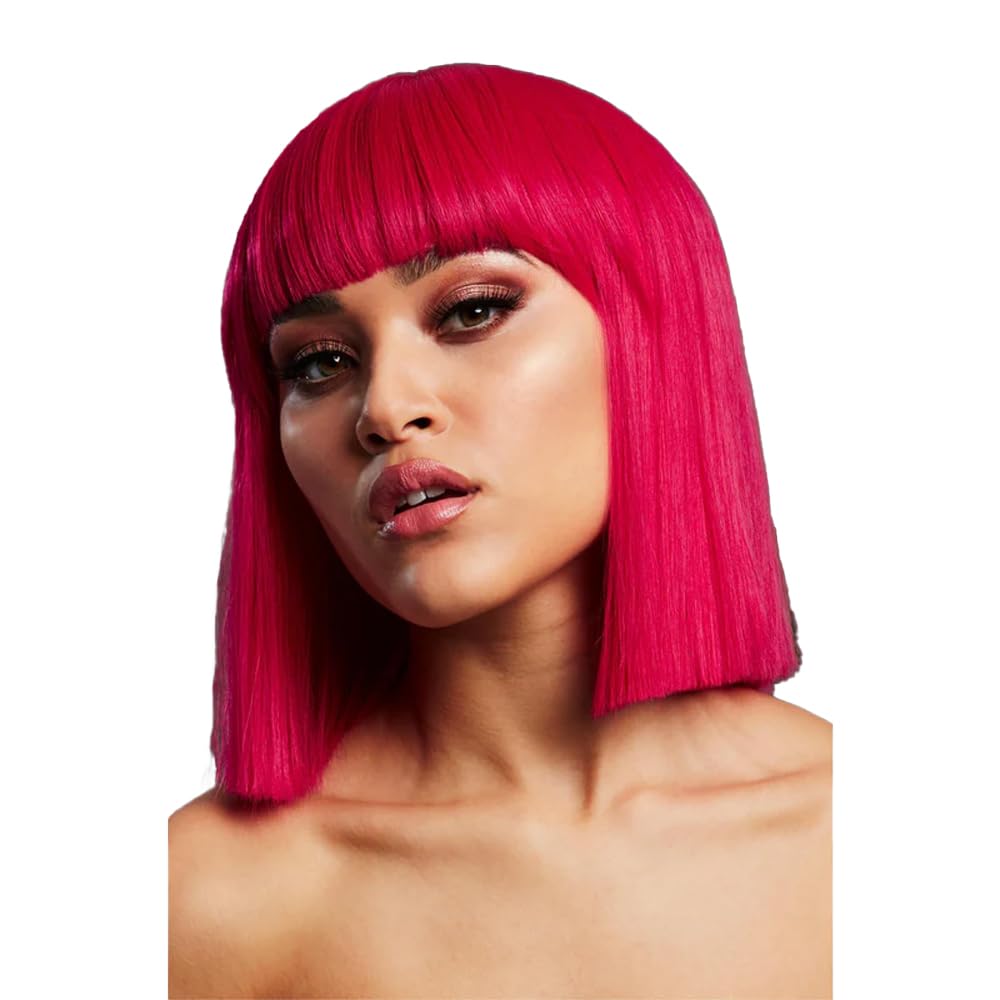Smiffys Fever Lola Wig, Magenta Pink Blunt Cut Bob with Fringe, 30cm/ 12in, Fever Wigs Fancy Dress, Adult Dress Up Wigs