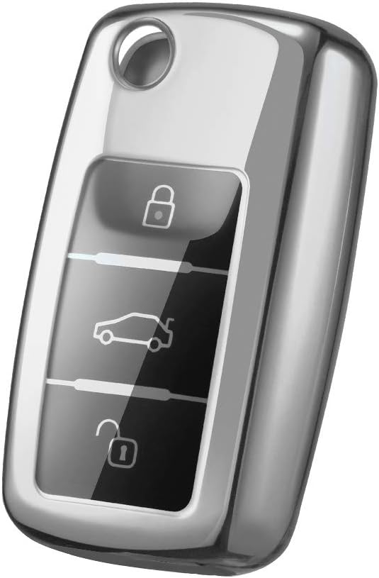 OATSBASF Car Key Cover Compatible with VW,Key Protective Case for VW Golf 4 5 6 Polo Skoda Seat TPU Silicone 3 Buttons Box (Silver) - Image 3