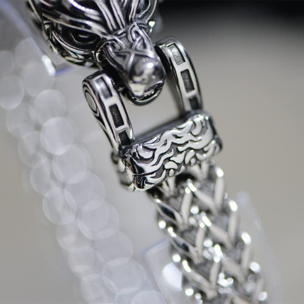 LANGHONG Norse Viking Wolf Bracelet Men's Stainless Steel Mesh Chain Can Open Wolf Mouth Bracelets Talisman Jewelry