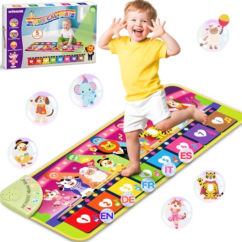 MOMUSE Music Piano Mat 5-Language (EN/DE/FR/IT/ES) for 1 2 3 4 Year Old Boys Girls, Multilingual Education Baby Toy with 9 Animals & Recording, Portable Toddler Infant Kids 1+ Christmas Birthday Gifts