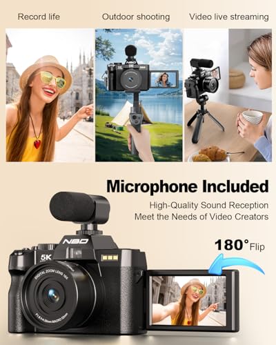 NBD 5K&64MP Digital Camera for Photography with 180°Flip Screen (Black) | 16X Zoom WiFi Vlogging Cameras , Auto Focus, Wide-Angle&Macro Lens, 2 Batteries & 32GB TF Card，Travel Camera for Beginners