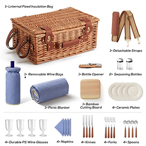 DHAEE 4 Person Wicker Picnic Basket Set with Cooler Compartment and Waterproof Picnic Blanket, Removable Strap, Hiking, BBQ and Gifts for Family/Couples