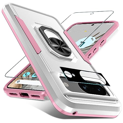Janmitta for Google Pixel 8 Case with Screen Protector+Camera Lens Protector,Heavy Duty Shockproof Full Body Phone Cover Built in Metal Ring Holder Kickstand,2023 White