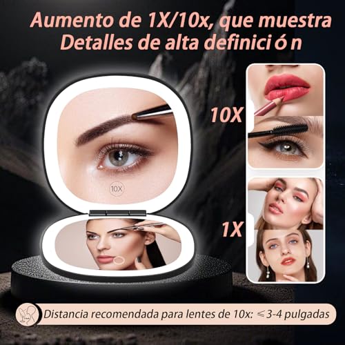 JDFNVFK Espejo de Bolsillo con Luz LED, con Aumento 1X/10X, Anillo de Luz de Doble Cara y 3 Modos, Espejo de Mano Recargable Portatil, Espejo Pequeño con Luz para Maquillaje