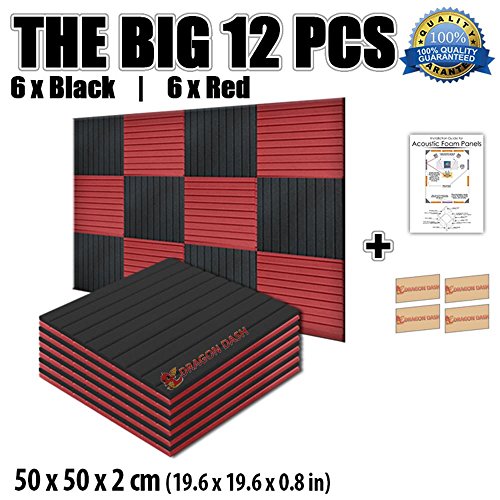 Dragon Dash Combination (12 Pack) of 19.6" X 19.6" X 0.8" Inches Red & Black Acoustic Soundproofing Wedge Foam Studio Treatment Wall Panel Tiles (RED & BLACK)