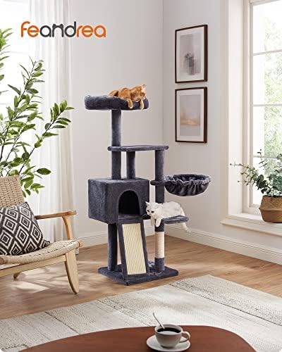Albero per Gatti, Tiragraffi Piccolo da 135 cm, Condominio per Gatti in Peluche a più Livelli con Copertura per Trespolo Rimovibile Lavabile, Graffiatoio, Cesto, Grotta, Grigio Scuro
