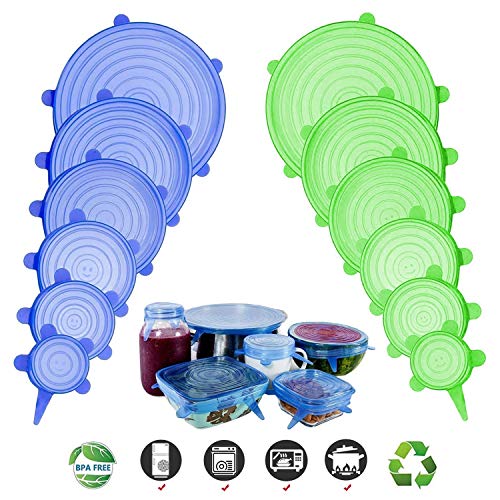 Silicone Stretch Lids, Adpartner 12 Pack of Various Sizes BPA-free Silicone Lids Reusable Container Lids Food Covers, Flexible to Fit All Shape of Containers, Durable, Microwave and Dishwasher Safe