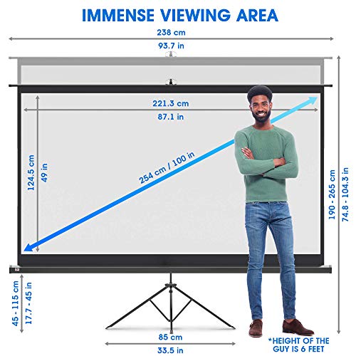 Projector Screen with Stand 100in, Indoor and Outdoor Projection Screen for Movie/Office Presentation, 16:9 HD Premium Wrinkle, Tripod Screen for Projector with Carry Bag and Tight Straps (Renewed)
