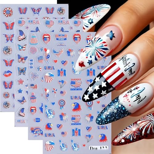 Patriotic Nail Art Stickers 4 Sheets 4th of July Nail Decals 5D Self Adhesive Nail Accessories American Flag Butterfly Heart Design Independence Day Manicure Stickers for Fourth of July Decorations at Amazon