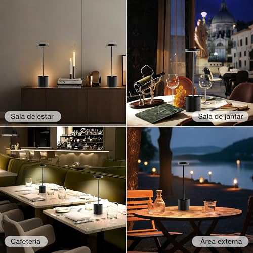 Luminária de Mesa LED Recarregável Na Cor Preto com Três Modos de Luz Dimerizáveis, Ideal para Salas de Jantar, Varandas, Áreas Externas, Quartos E Outros Ambientes