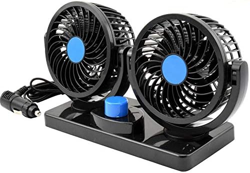 Taotuo 12V Electric Car Fan 360 Degree Rotatable 2 Speed Dual Head Car Auto Cooling Air Circulator Fan for Van SUV RV Boat Auto Vehicles Golf