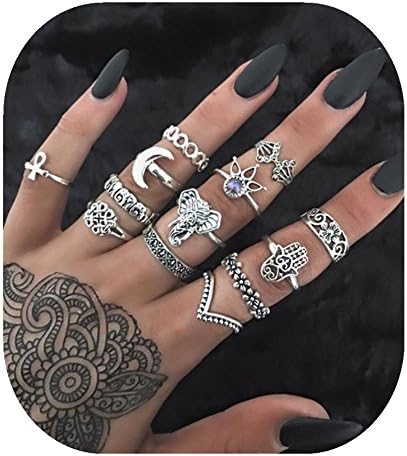 Setita 13 Pieces Turkish Elephant Moon Turquoise Joint Knuckle Nail Midi Ring Set Boho Ring Set (Ancient silver)