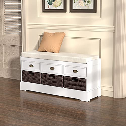 Knowlife Storage Bench Entryway Bench with Cushion, 3 Drawers and 3 Removable Baskets Shoe Bench