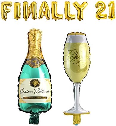 32'' Finally 21 Gold Helium Foil Mylar Balloon + 2pcs 35'' Champagne Glass Foil Balloons for 21st Birthday Party Decoration Supplies