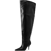 CAGLGLZ Women's Wide Calf Thigh High Heeled Boots Stiletto Cone Heel Boots Pointed Toe Pull On Black Boot Heels for Women