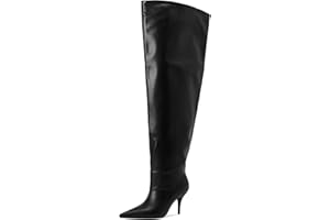 CAGLGLZ Women's Wide Calf Thigh High Heeled Boots Stiletto Cone Heel Boots Pointed Toe Pull On Black Boot Heels for Women