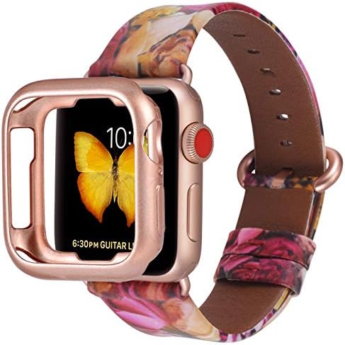 JSGJMY Compatible with Apple Watch Band 38mm 40mm with Case,Women Genuine Leather Strap with Rose Gold Clasp(The Same Color as Series 5/4/3 Gold Aluminum) for iwatch Series 5/4/3/2/1,Red Rose Flowers