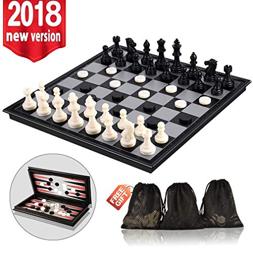 3-in-1 Chess Set - Travel Chess Set Magnetic Chess & Checkers & Backgammon Folding Chess Board Game, Portable Checkers with 3 Mesh Bags, Best Chess Games Gift for Kids and Adults 12.4 Inches