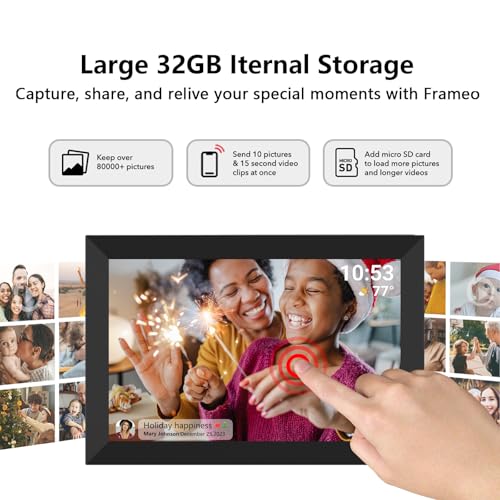 AKImart Marco Digital FRAMEO WiFi de 10.1" con Pantalla IPS táctil (1280x800). Rotación automática, Memoria Interna de 32 GB. Envía Fotos al Instante Desde Cualquier Lugar con la App Frameo