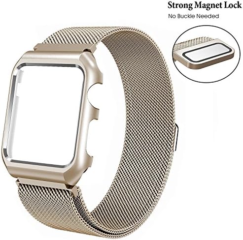 38mm Apple Watch Band Mesh Milanese Loop Stainless Steel Replacement iWatch Band Strap with Adjustable Magnetic Closure Clasp &amp; Metal Protective Case Cover for Apple Watch Series 1/2 (gold 38mm)