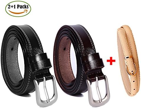 2+1 Packs Women Skinny Genuine Leather Belt for Pants Dresses Jeans with Polished Alloy Pin Buckle, 1 Free Women Decorative Belt