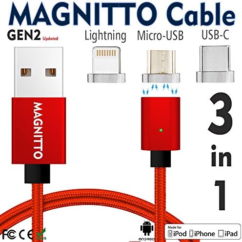 Type-C,Magnetic Charger Cable MAGNITTO USB to Lightning+USB C+Micro 3 in 1 Multiple 2.4A Quick USB Charging Cable for Android &amp; iPhone X 8 7 6 6s 5s plus iPad Samsung Galaxy S6 S7 S8 plus Lg G5 G6 RED