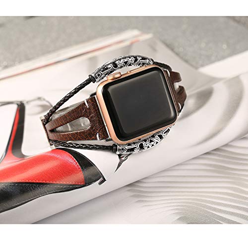 Secbolt Leather Bands Compatible Apple Watch Band Series 4 44mm, Series 3/2/1 42mm, Double Twist Handmade Vintage Natural Leather Bracelet Replacement Bracelet Straps Women (Brown Gray (42mm&44mm))