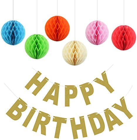 LOCCA Gold Happy Birthday Banner and Rainbow Paper Honeycomb Balls Party Decorations, 18th, 21st, 30th, 40th, 50th, 60th, 70th, 75th, 80th, 90th Birthday Supplies for Boy, Girl, Men, Women and Adult