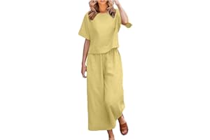 DDAPJ pyju Women's Summer 2 Piece Outfits 3/4 Sleeve Tshirt Top Wide Leg Pants Casual Linen Lounge Matching Sets with Pockets