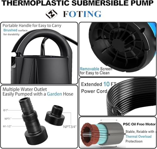 FOTING Sump Pump 1 HP 4600 GPH Clean/Dirty Submersible Water Pump, Thermoplastic Portable Utility Pump for Swimming Pool Garden Pond Basement Window Wells with 10FT Long Power Cord, Blue