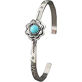 BlingNook Chunky Silver Bohemian Flower Bracelet For Wemen Men, Turquoise Stackable Boho Non Tarnish Bangles Couples Jewelry Retro Gift