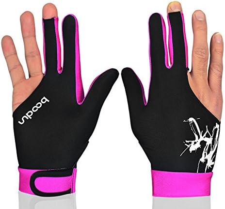 Man Woman Elastic Lycra 3 Fingers Show Gloves for Billiard Shooters Carom Pool Snooker Cue Sport - Wear on the Right or Left Hand (Black with pink, M)