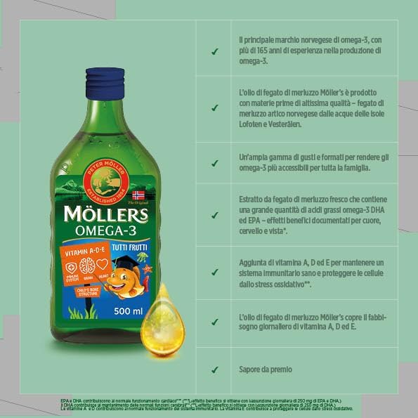 Moller’s ® | Olio di fegato di merluzzo Omega 3 | Integratori alimentari con EPA, DHA, vitamine A, D ed E | Superior Taste Award | Marchio esistente da 166 anni | Tutti Frutti | 500 ml — foto 3 di 8