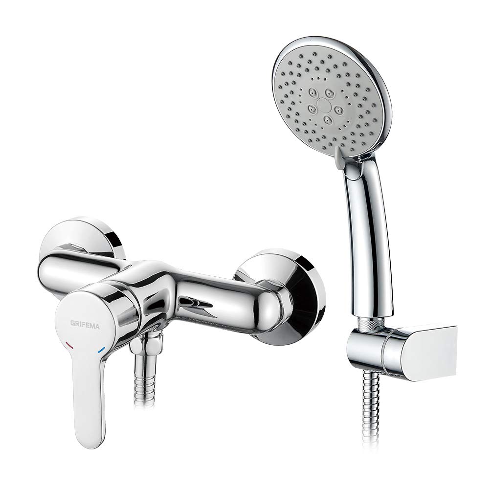 GRIFEMA PORTO-G12003 Single Lever Bath Shower Mixer Tap with 1.5 m Hose Pipe, ABS Shower Holder and 5-Function Shower Head and Eco-Click, 1/2 Inch Hose, Chrome