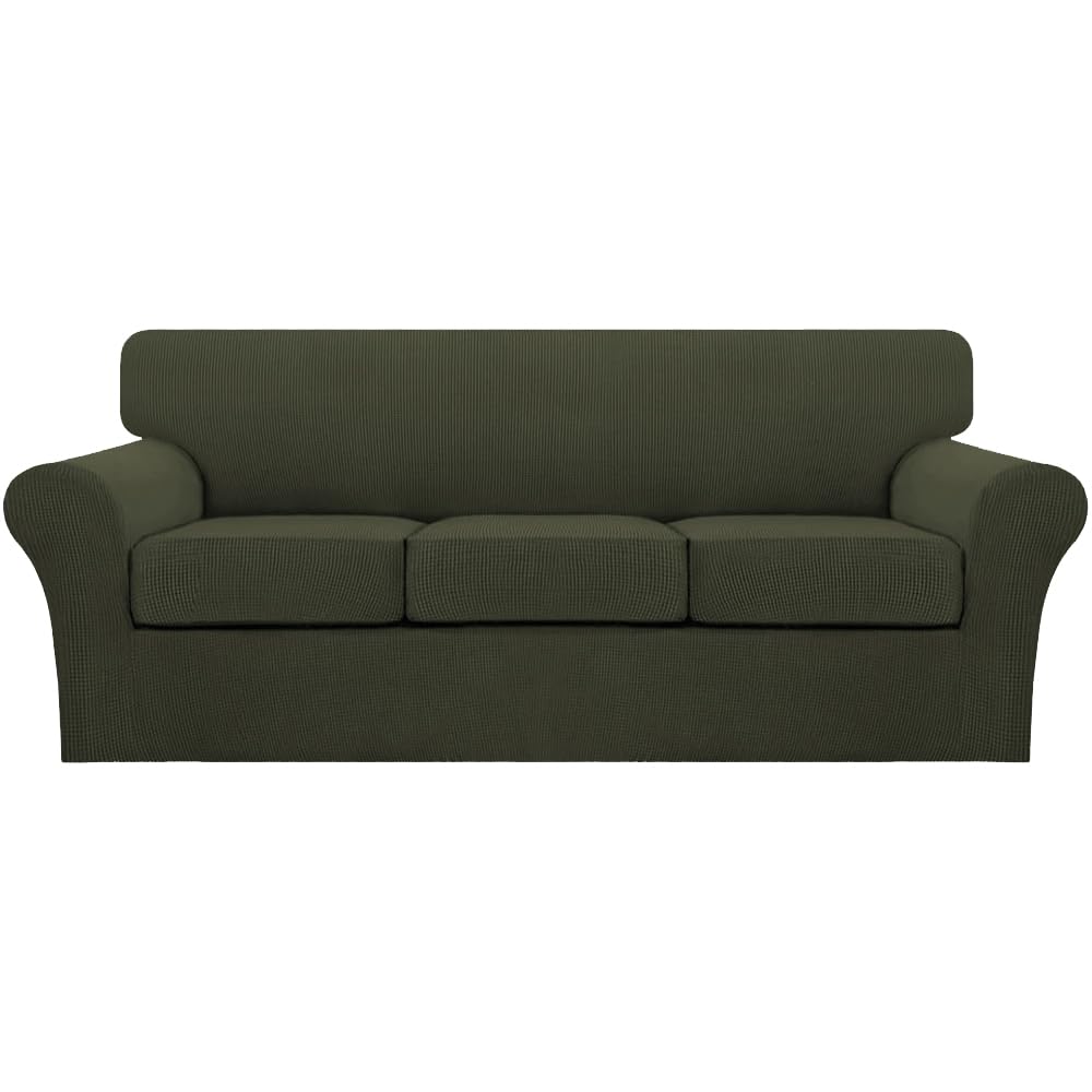 Turquoize 4 Piece Sofa Covers for 3 Cushion Couch Sofa Slipcover Soft Couch Cover for Dogs-Washable Sofa Furniture Cover with 3 Individual Cushion Covers (3 Cushion Sofa, Olive)