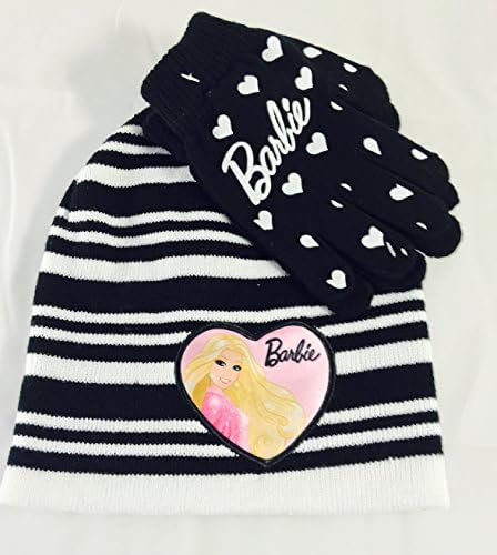 Cute Youth Barbie Hat and Glove Set with [ Heartsdesigns on Gloves] (White with Black Stripes (White Hearts on Gloves))